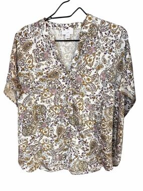 J. Jill White Paisley Print V-Neck Blouse with Gold and Mauve Accents